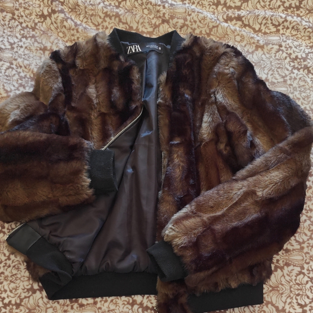 Zara Brown Faux Fur Bomber Jacket